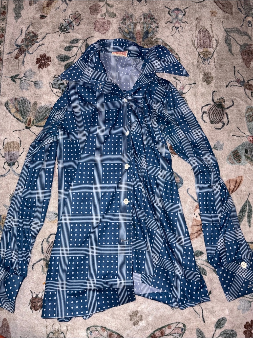 VTG 70s Perception Blue Polka Dot Plaid Geometric Disco Blouse